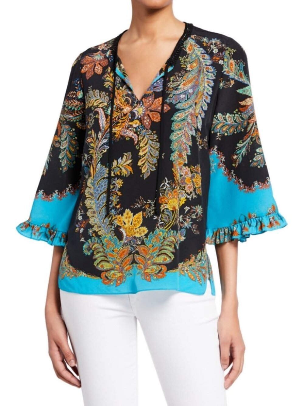 Kobi Halperin Helen Silk Blouse Floral Peasant Blouse Top Size XL Black Teal